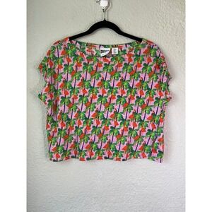 Bouffants & Broken Hearts Linen Flamingo Palm Tree Print Crop Top